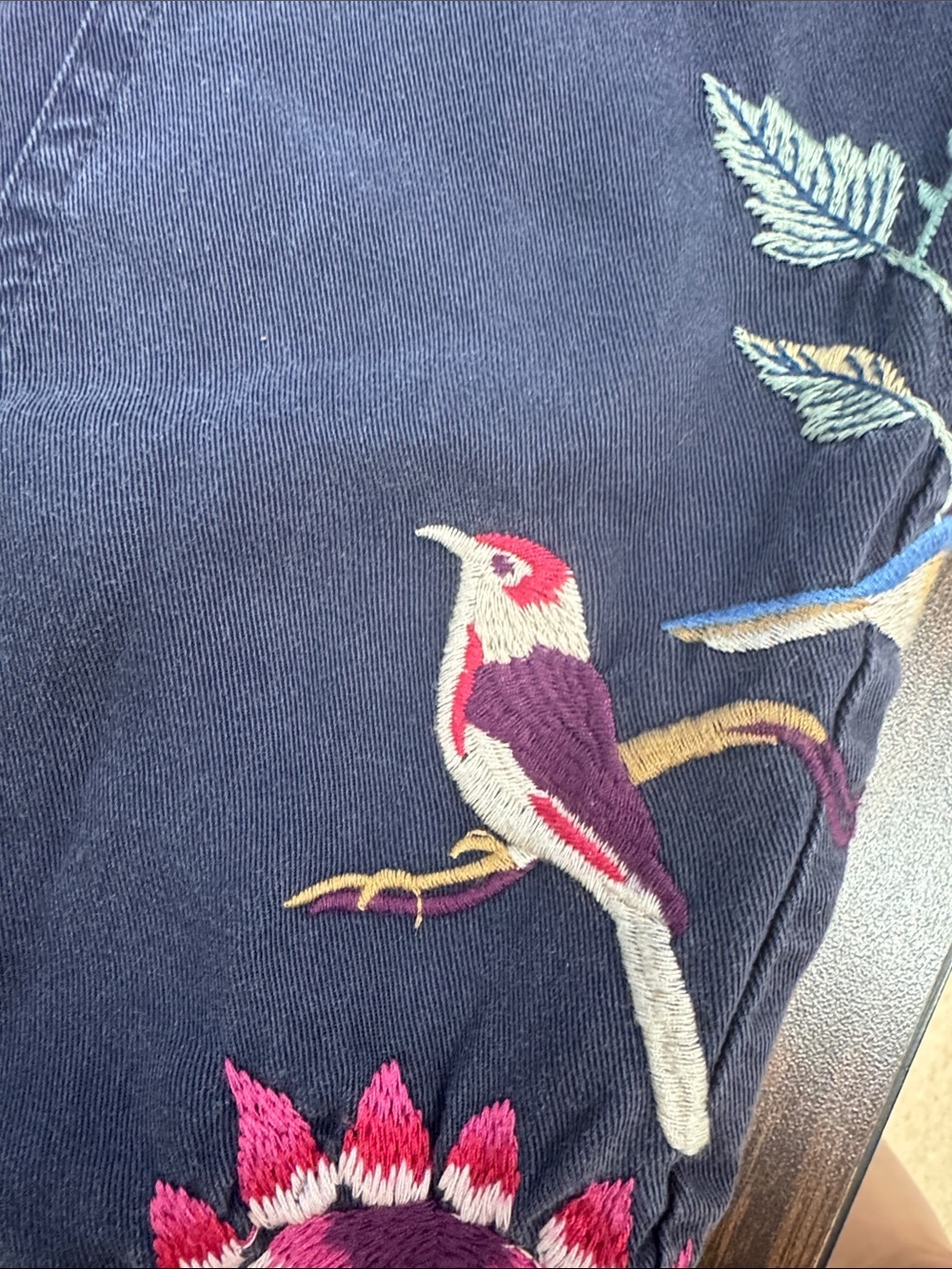 Johnny Was Navy Wide-Leg Pants with Multicolor Floral & Bird Embroidery - Picture 3 of 4